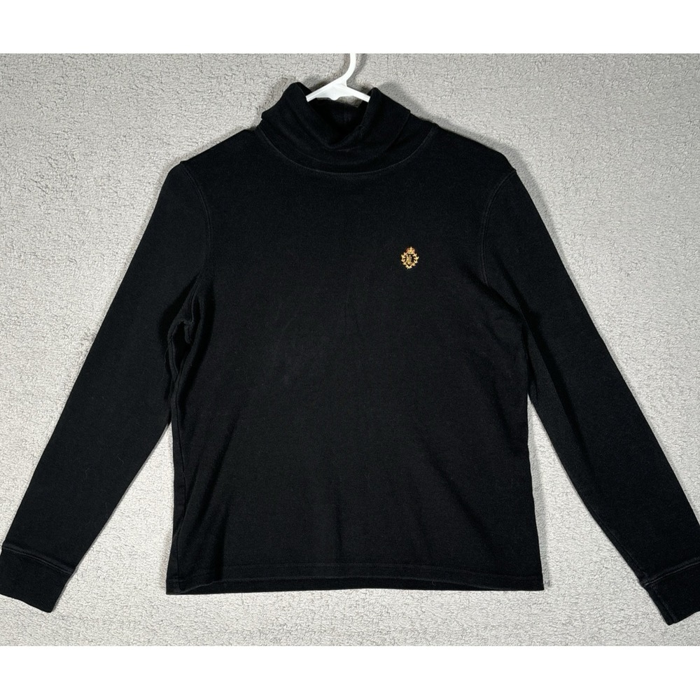 Lauren Ralph Lauren Womens Black Turtleneck Long Sleeve Gold Crest Logo Top S